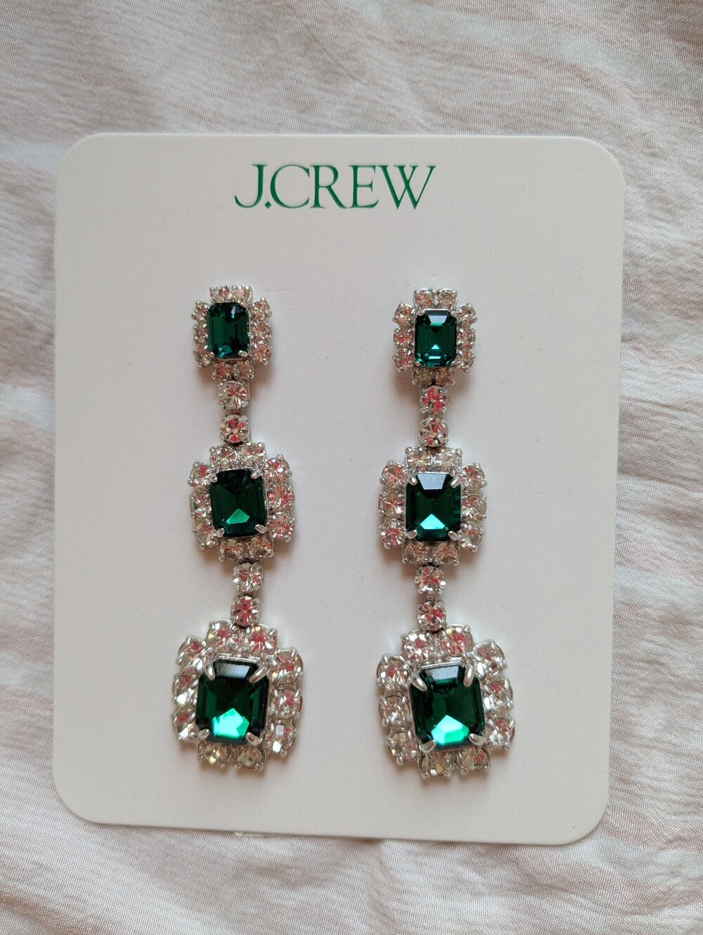 JCrew Emerald Green Crystal Linear Drop Earrings